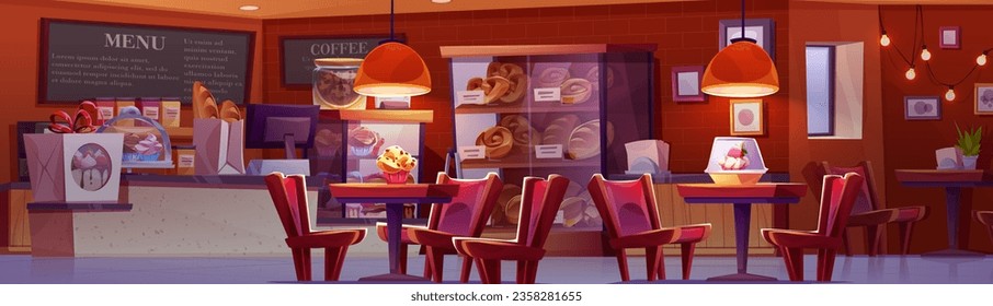 Bakery shop interior with counter cartoon vector. Cafe bar with bread and cake assortment to display on shelf. Table and chair in restaurant hall room. Canteen with dough product on showcase shelves