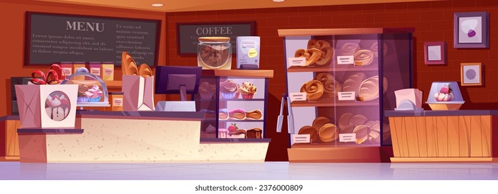 Bakery shop interior with counter cartoon vector background. Cafe store showcase with confectionery, bread, cupcake and bun on shelves. Gift package with cake inside and chocolate cookie in jar