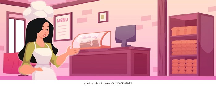 Bakery shop interior, counter with chef woman invites. Showcase with cake dessert, bread products assortment on the shelves. Vector flat illustration of confectionery cafeteria, menu board