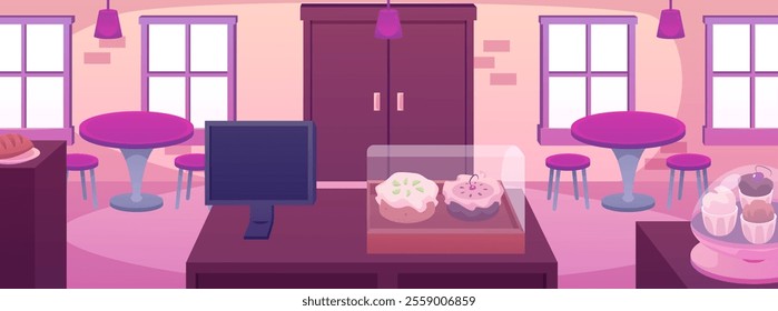 Bakery shop interior, counter and showcase with cake dessert, culinary and pastry products assortment. Vector flat illustration of confectionery cafeteria. Entrance door, tables with chairs