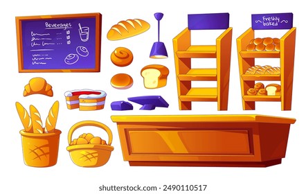 Bakery shop interior design set isolated on white background. Contemporary vector cartoon illustration of wooden shelves with fresh bread, baguette, basket of croissants, beverages menu, cash register