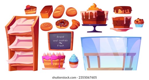 Bakery shop interior elements - cartoon glass showcase and shelves for baking, fresh bread and buns, sweet pastries, cakes and desserts. Vector set of bakeries store production and furniture.