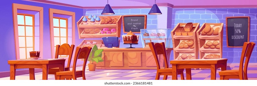 Bäckerei Shop Interieur mit Möbeln. Vektorgrafik von Café mit Holztischen und -stühlen, süßem Kuchen, Brötchen, Donuts, frischen Baguettes auf Regalen, Computer auf Bargeldtisch, Menütafeln an der Wand