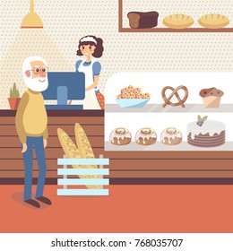 Bakery shop interior with girl character in apron standing behind the counter. Glass showcase full of pastries and bread. Old man buyer standing with happy smile. Flat cartoon vector.