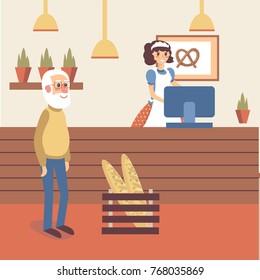 Bakery shop interior with girl seller character in apron standing behind the counter. Old man buyer standing with happy smile. Flat cartoon vector.