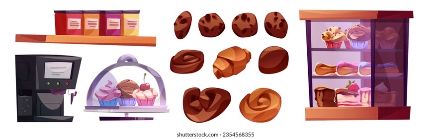 Bakery shop interior inside cartoon vector set. Restaurant with dessert and cake on shelf showcase. Pastry and confectionery display stand isolated clipart. Cookie with coffee machine goods design