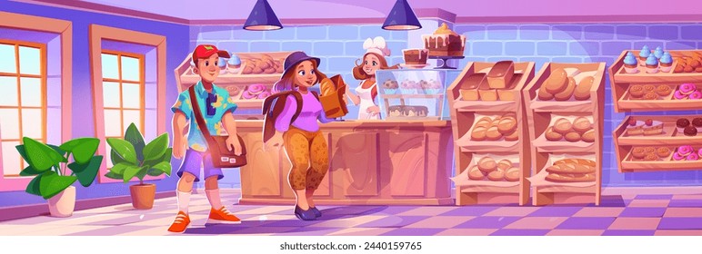 Bäckerei Shop Interieur mit Mann und Frau Käufer und Verkäufer an der Kasse. Cartoon Vektor Konditorei mit Brot und Kuchen, Donuts und Cupcakes auf Holzdisplay mit Glasabdeckung und Theke.