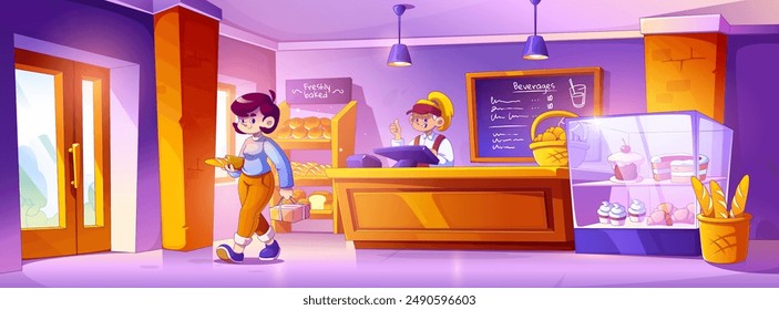 Interior de la panadería con la mujer compradora y cajera. Vector de dibujos animados de la tienda con pan recién horneado y baguette en el estante, pasteles y tarta en vitrina de vidrio, mostrador de bar y tablero con el cartel del menú en la pared.