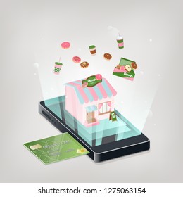 Bakery shop isometric with mobile phone. Shopping Online Mobile Phone VECTOR