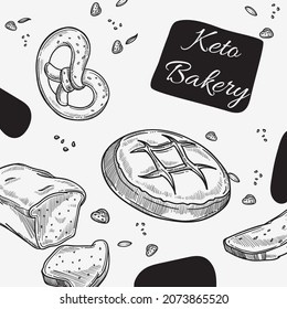 Bakery Shop With Keto Products, Pretzel And Tasty Bread With Wholegrain. Seamless Pattern Or Menu For Restaurant. Promo Banner, Food Advertisement. Monochrome Sketch Outline, Vector In Flat Style