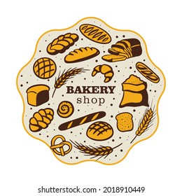 Bakery shop label with different bread and roll. Vector hand-drawn illustration