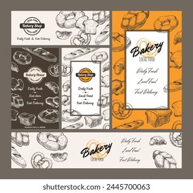 Bakery shop label set, template badge for cafe ad. Retro hand drawn product element at emblem, promo flyer collection. Logo with local food, fast delivery, daily fresh sign, vector illustration