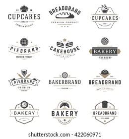 Bakery shop labels and badges design templates set vector, pastry food or bake house logos. Typography emblems graphics with silhouettes and symbols.