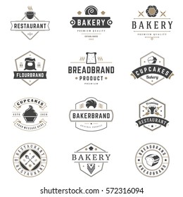 Bakery shop labels and badges design templates set vector, pastry food or bake house logos. Typography emblems graphics with silhouettes and symbols.