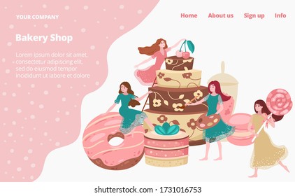 Bakery shop landing page with baked goods, cakes, donuts and pastries, cafe store tiny young girls vector flat template illustration. Sweets, celebration cakes with cream and baking house website.