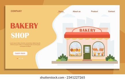 Bakery Shop Landing Page. Fresh Bread and Bakery Product Home Page. Web shop. Bakery building on the groungd of the city. Vector illustration. 