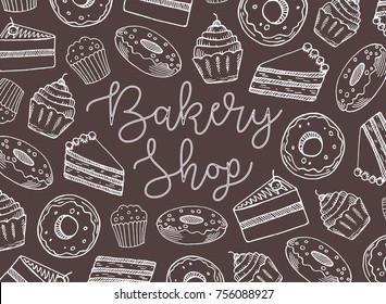 Bakery shop lettering with pastry outline background. Vector illustration