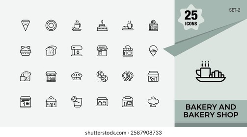 Bakery and Bakery Shop line icons. Contains related to cookie, flour, bread, web, bakery, cake, baking, wheat. Expanded stroke. Editable vector art.