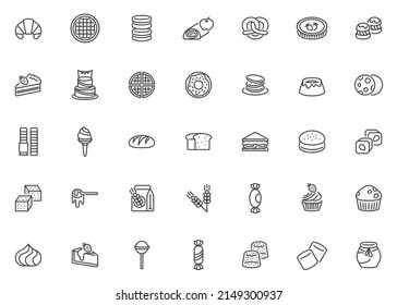 Bakery shop line icons set. linear style symbols collection, outline signs pack. Sweets and pastries vector graphics. Set includes icons as birthday cake, chocolate cookie, croissant, muffin, meringue