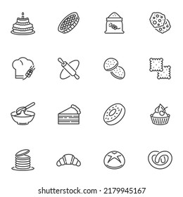 Bakery shop line icons set, outline vector symbol collection, linear style pictogram pack. Signs, logo illustration. Set includes icons as birthday cake, cookie, biscuit, donut, muffin, cupcake, pie