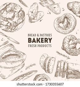 Bakery shop. Linear graphic. Bread and pastry collection. Bread house. Engraved top view illustration. Flat lay. Vector illustration