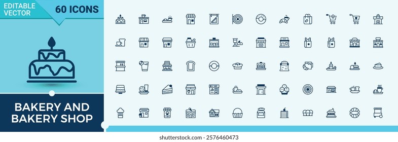 Bakery and Bakery Shop linear icon collection. Related to element, dessert, art, macaroon, tool and more. Thin outline icons pack. Editable vector outline and solid icons.