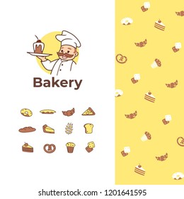 Bakery shop logo, 8 line icons, seamless pattern of bakery products. Vector illustration.