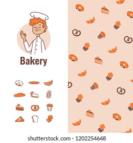 Bakery shop logo, 8 line icons, seamless pattern of bakery products. Vector illustration in cartoon style.