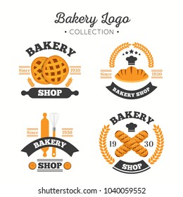 Bakery Shop Logo, Badges, Label Design Elements set. Bread, cake, cafe, Sticker emblem food template collection. vintage style objects retro vector illustration.