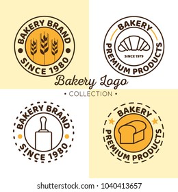 Bakery Shop Logo, Badges, Label Design Elements set. Bread, cake, cafe, Sticker emblem food template collection. vintage style objects retro vector illustration.