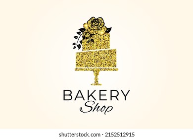 Bakery Shop Logo with Cake in Gold Sparkle Elegant Style