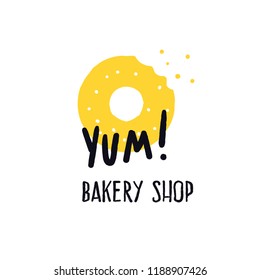 Bakery shop. Logo concept for bakery. Vector illustration of donats. Phrase Yum. White background.