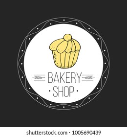 Bakery shop logo with cupcake label design for cafe, menu, restaurant, bake shop - Vector illustration hand drawn