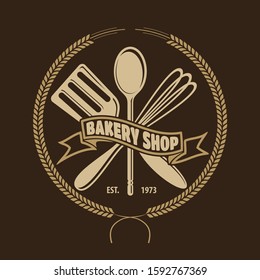 Bakery shop logo design template with Whisk, Slotted Turner and Cooking Spoon. Vector illustration