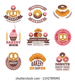 Bakery shop logo. Donuts cookies fresh food cupcakes and bread pictures for vector badges design of bakery market. Illustration of bakery emblem, badge logo cake