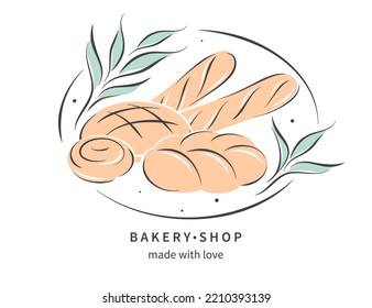 Bakery shop logo with hand drawn bakery products, baguette and bread. Vector illustration for banner, poster, label or menu.