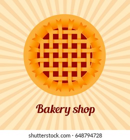 Bakery shop logo icon. Sweet cherry pie on sunburst background. Vector illustration.