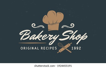 Logo de Bakery Shop. Panadería, cocina, plantilla de emblema de la casa con sombrero de chef, alfiler y whisky. Logo de la clase de cocina. El concepto del logo de un hipster vintage de Bakehouse. Ilustración del vector