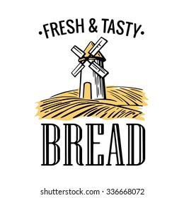 Bakery shop logo. Mill on wheat field in black, yellow color. Vintage vector engraving illustration for logotype, label, badges, poster, web, icon. Isolated on white background