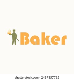 bakery shop logo with name of "BAKER" and a chef icon with hat and holding a cake. simple flat minimal logo for bakery.