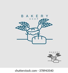 Bakery shop logo. Pan with dough. Bread and wheat ears. Rye and soft tack production.  Pastry emblem