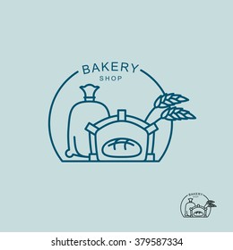 Bakery shop logo. Sack of flour and the stove. Fresh bread in oven. Ears of wheat. Logo for private bakery
