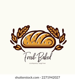Plantilla del logotipo de la tienda de panadería. La mano dibujó pan y orejas de trigo. Ilustración vectorial. Marca de empresa