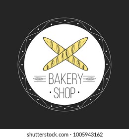 Bakery shop logo with two baguette  - design for cafe, restaurant, bake shop - Vector illustration hand drawn