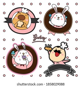 Bakery shop logos. The bear is eating bread, one of the rabbit with spoon and fork and another rabbit is eating cupcake and a good cook with cake