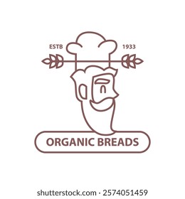 Bakery shop logotype with copy space, chef wearing hat and wheat ear. Vector isolated logo for store selling and producing bread. Tasty local ecological and organic pastry products and buns