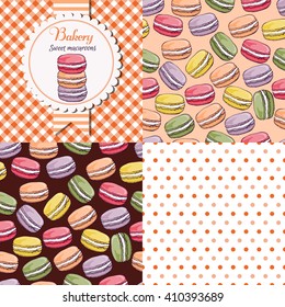 Bakery shop  macaroon collection. Paper label and seamless patterns with Gingham, Polka Dot and Macaroons on dark and light background. Perfect for wallpaper, wrapping paper, textile, package design