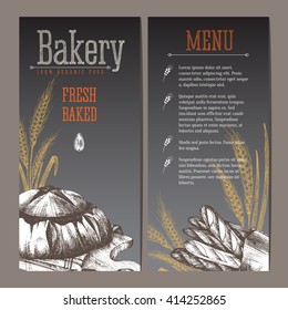 Bakery shop menu of flyer layout with fresh baked rye bread cereal baguettes paked in a paper bag with wheat ears, seeds and lettering. Bakery shop vector hand drawn sketch illustration.