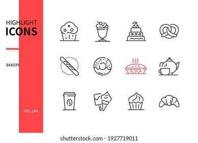 Bakery shop - modern line design style icons set. Cafe menu, online food ordering idea. Images of muffin, milkshake, cake, pretzel, baguette, donut, pie, tea, coffee, ice cream, cupcake, croissant