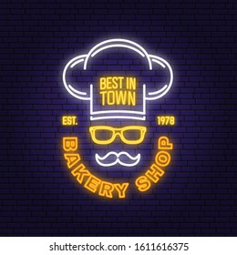 Bakery shop neon bright signboard, light banner. Vector. Concept for badge, shirt, label, print. Neon typography design with chef hat, text, mustache silhouette. Template for restaurant identity
